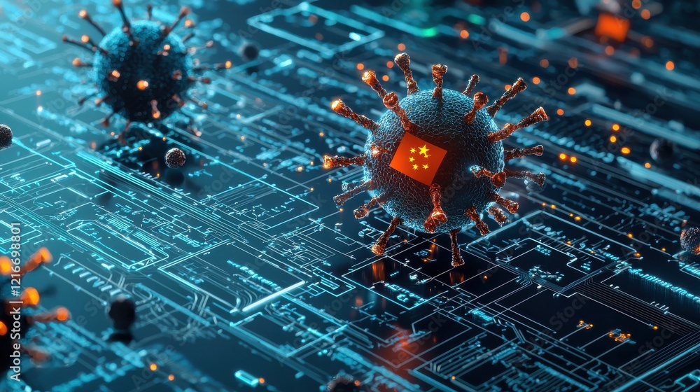 Aufkleber digital virus particle displaying chinese flag virtual environment scientific visualization technolo