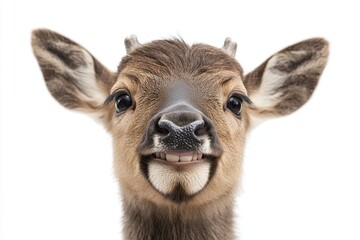 Fototapeta premium elk. small smiling, native, smile. on isolated white background close up. playful mood