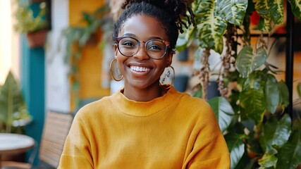 A cheerful woman planning a social media campaign on a tablet, outdoor cafe relaxed yet professional vibe,