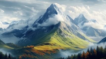 Low clouds are swirling around colorful autumn trees and green and yellow grassy slopes of majestic snow-capped mountain peaks under a dramatic cloudy sky