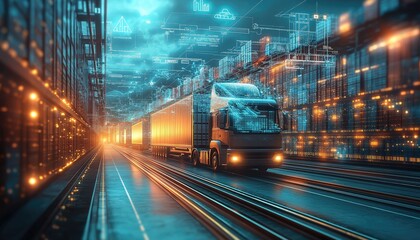 Fototapeta premium Digital Logistics Truck Transport in Futuristic Automated Warehouse