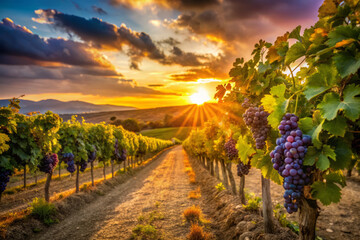 Naklejka premium Lush vineyard at sunset with vibrant grapes and dramatic lighting