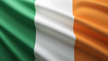 Waving Irish flag featuring green, white, and orange colors with smooth fabric texture