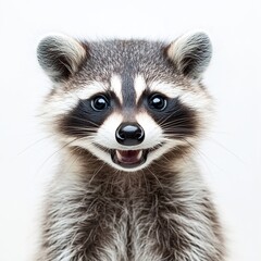 raccoon. small smiling, native, smile. on a white background close-up. playful mood.