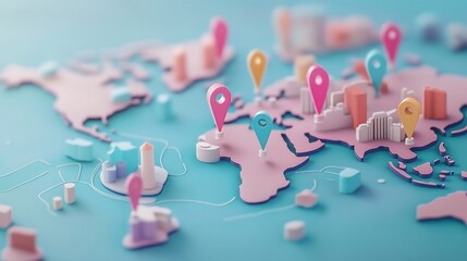 Pastel world map with location pins and city markers.