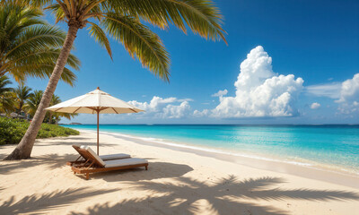Secluded Beach with Beach Chairs and Umbrella A peaceful, secluded beach with two beach chairs and an umbrella, the sand soft and golden,