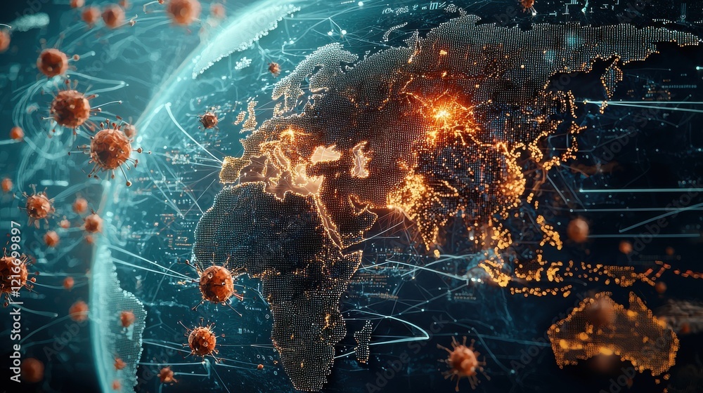 Poster Analyzing pandemic hotspots a futuristic data visualization of global covid-19 trends worldwide interactive map digital environment epidemiological insights
