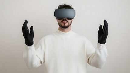 Digital art creativity and interactive, A man wearing VR goggles and gloves stands with raised hands, immersed in a virtual reality experience against a plain background.
