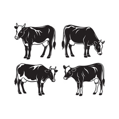 set of cow silhouette, black and white silhouette, vector and illustration