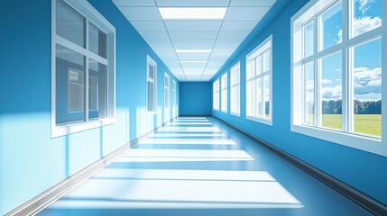 Obraz premium Sunlit blue hallway with windows, outdoor view, potential clinic use