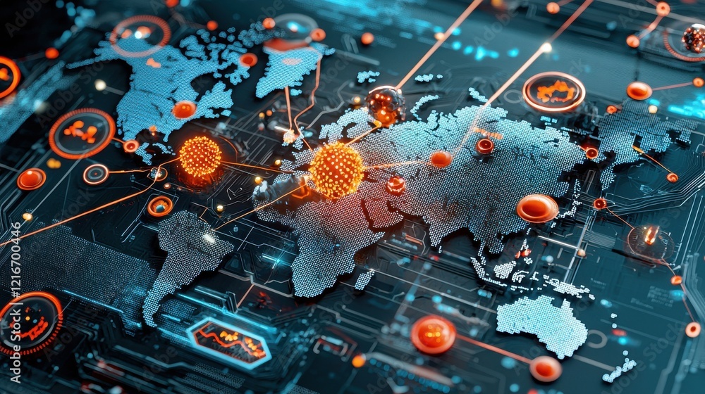 Poster futuristic virus alert holographic map global view digital interface tech environment cybersecurity 