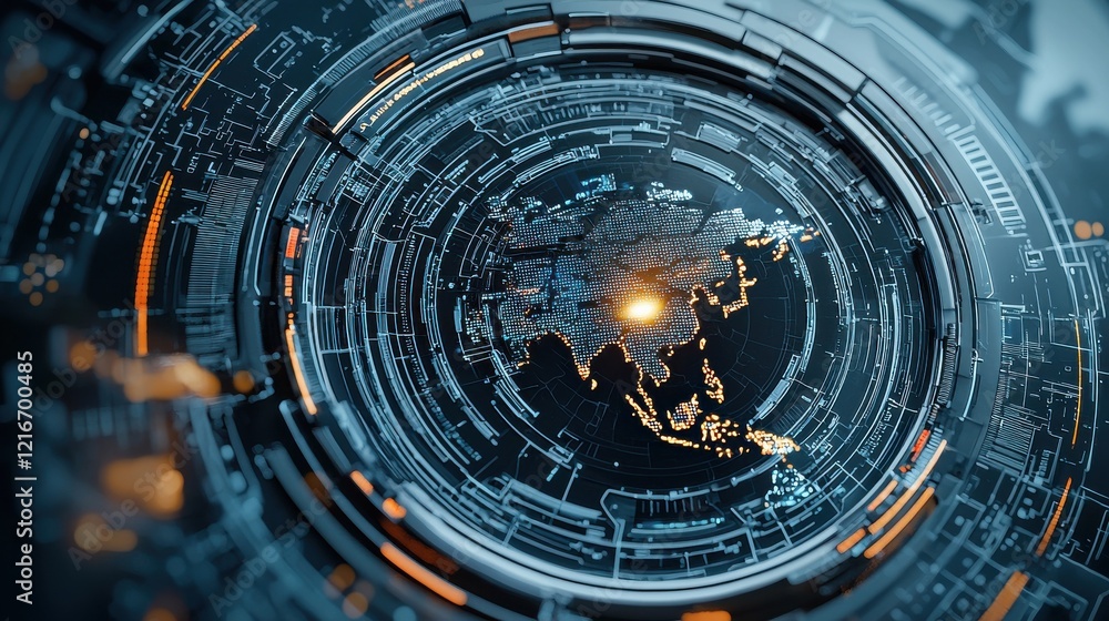 Poster futuristic holographic map displays virus alerts across asia digital visualization in high-tech envi