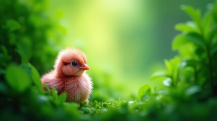 Obraz premium A Fluffy Little Chick Nestled Amidst Vibrant Green Foliage in a Serene Natural Setting