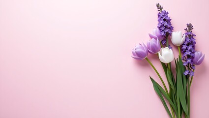 Obraz premium Beautiful bouquet of purple and white flowers on pastel background for International Women's Day