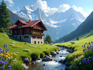 Idyllic mountain landscape in the Alps with blooming meadows in springtime
