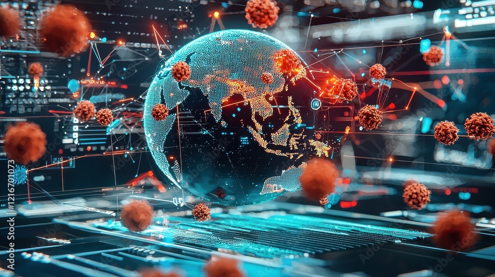 Aufkleber virus outbreak simulation global perspective holographic visualization digital environment scientifi