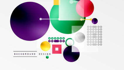 Minimalistic abstract vector design, layered geometric shapes circles, squares, and triangles with soft pastel gradients and semi-transparent effects. Perfect for contemporary use