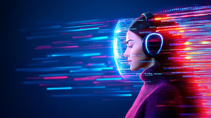 Side profile of a woman wearing futuristic headphones, surrounded by digital data streams and neon lights. Concept of artificial intelligence, virtual reality, and high-speed digital transformation in