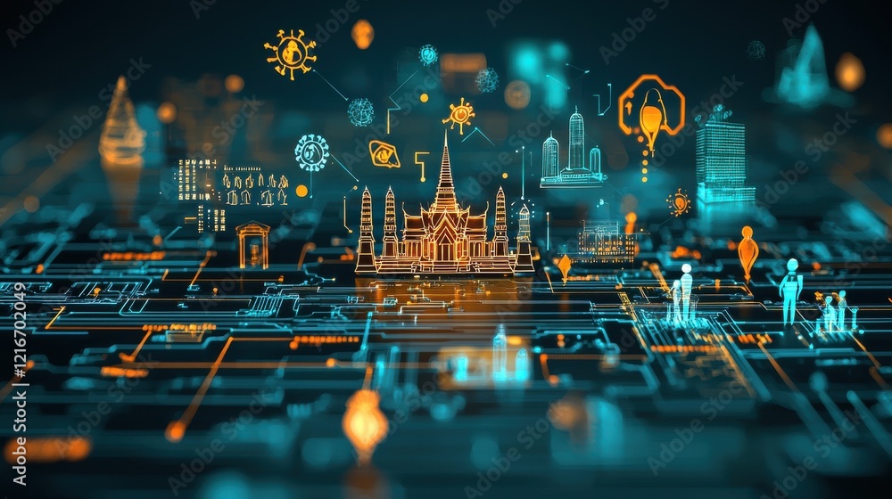 Poster virus particles moving across a digital landscape virtual environment graphic representation scienti