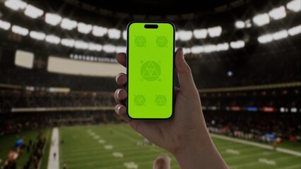 GREEN SCREEN CHROMA KEY A hand holding a phone with a green screen at an American football game in a stadium at night, perfect for showcasing live sports or betting apps