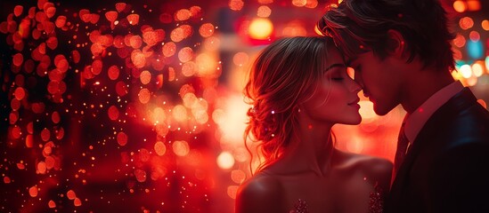 Romantic close-up of a couple sharing tender moments, against a background of dreamy soft red lighting and a side effect that evokes feelings of intimacy and passion, with an empty copy space