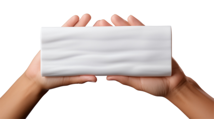 White fabric drape mockup with soft texture, held by hands, ideal for minimalist product presentations, transparent background.