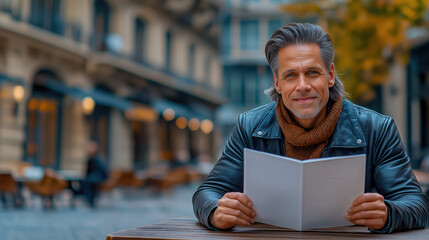 Seated at a rustic table in a cozy outdoor cafe, a middle-aged man with long, slightly disheveled hair smiles warmly while reading a menu