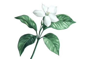 Obraz premium Fragrant Jasmine Blossom: Single Flower with Lush Green Leaves, Isolated on White spa plant macro 