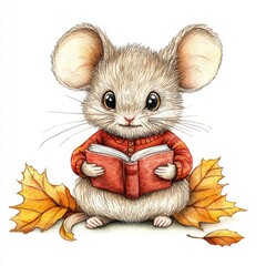 Obraz premium Adorable Tiny Mouse in Red Shirt Reading a Book, Cozy Autumn Illustration with Bright Colors