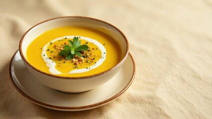 Creamy autumnal soup garnished with nuts and herbs, served in a rustic bowl on a simple beige fabric background.