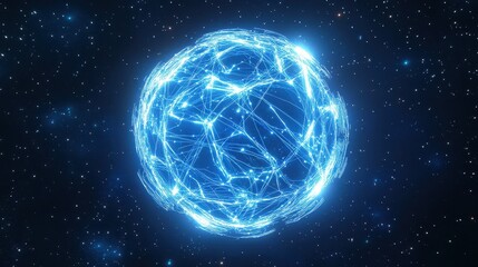 Naklejka premium A glowing globe of interconnected neon lines, representing digital networks, set against a starry space background; 3D illustration, futuristic, blue and silver hues, high detai