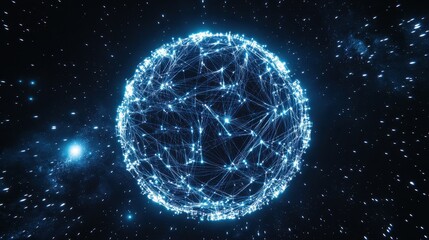 Naklejka premium A glowing globe of interconnected neon lines, representing digital networks, set against a starry space background; 3D illustration, futuristic, blue and silver hues, high detai