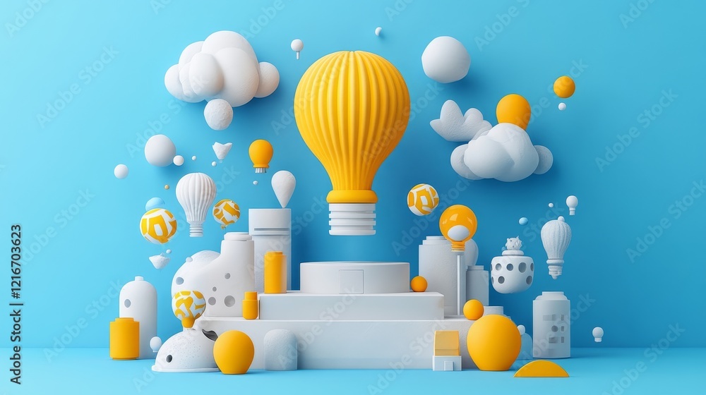 Poster a 3d rendering of a yellow lightbulb idea, floating above a platform, surrounded by small, whimsical