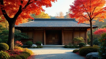 Obraz premium Serene Autumnal Garden Sanctuary Featuring a Traditional Wooden Structure with Vibrant Maple Trees