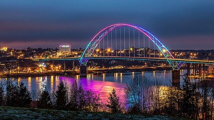 Fototapeta premium Illuminated bridge at night, city skyline, river reflection, winter landscape, travel photography