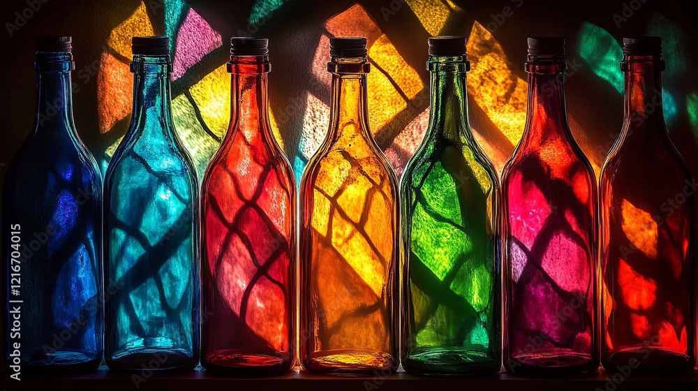 Poster colorful glass bottles arranged in a row with vibrant light creating intricate patterns on a dark ba