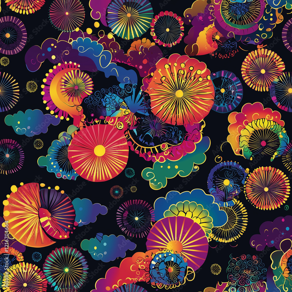 Poster colorful abstract design featuring vibrant circular patterns on a dark background.
