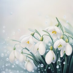 Fototapeta premium Close-up view of white snowdrops blooming in early spring with soft background and water droplets for a fresh feel. Generative AI
