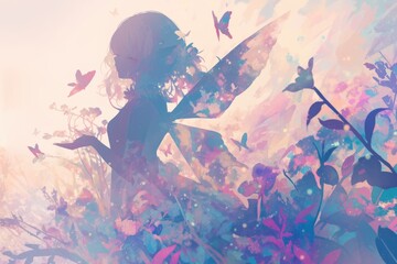 Serene Fairy Girl Amidst Pastel Flowers and Butterflies