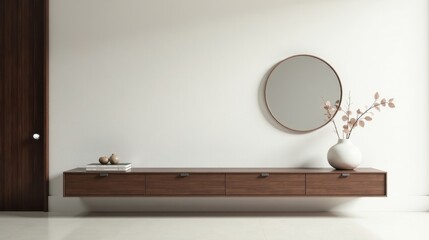 Minimalist Modern Interior Design Featuring a Floating Console, Round Mirror, and Dried Floral Arrangement