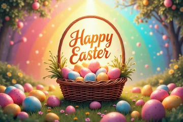 A vibrant Easter scene with a wicker basket filled with colorful eggs, surrounded by more eggs on green grass. A radiant rainbow and the words Happy Easter in golden letters adorn the basket.