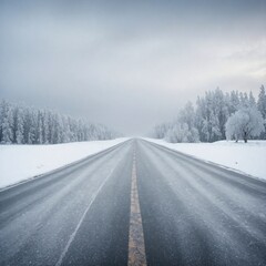 A Snowy Winter Road Awaits Beneath a Gloomy and Overcast Sky During the Chilly Season