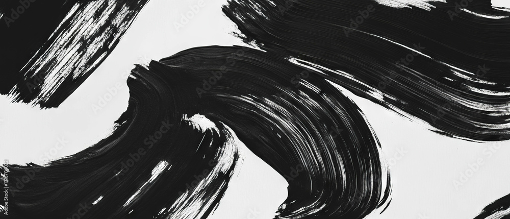 Poster black ink brush strokes create dynamic textures on a white background