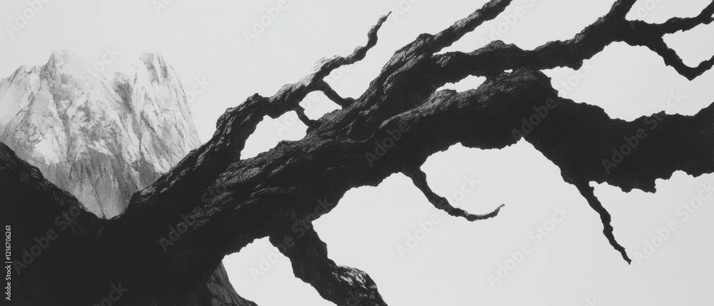 Poster textured black ink applied with a pen on a smooth white background highlighting intricate details