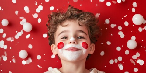 Fototapeta premium Joyful Purim Carnival Vibrant Confetti Celebration with Red and White Playful Patterns - Kid-Centric Party Aesthetic for Creative Event Planning and Family-Focused Marketing