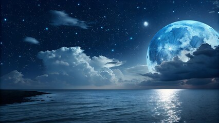 Night sky with blue moon in the clouds over the calm blue sea, many stars in the background