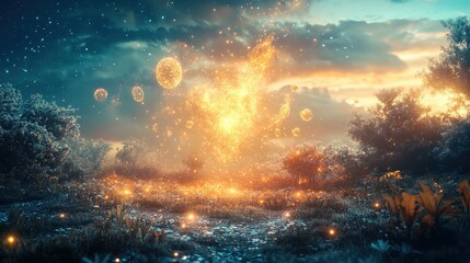 Fototapeta premium A surreal image of glowing renewable energy particles transforming into vibrant natural landscapes, futuristic energy metamorphosis.