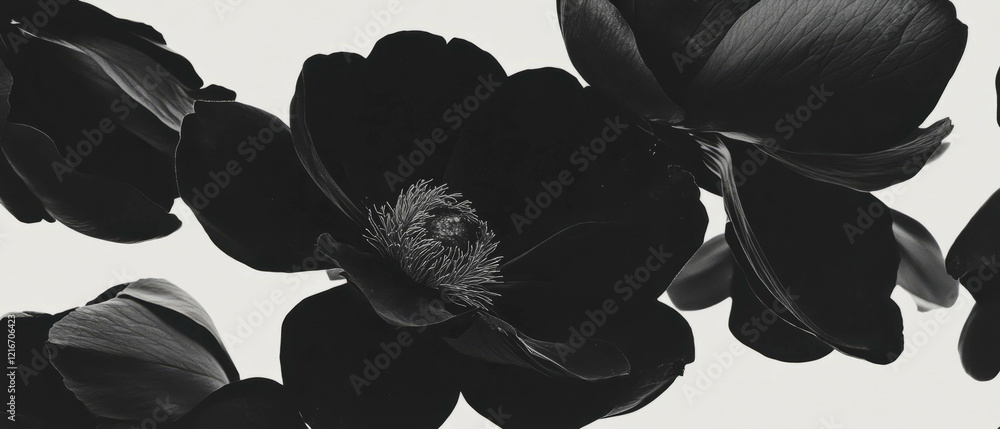 Poster elegant black ink blooms against a pristine white background showcasing artistic textures