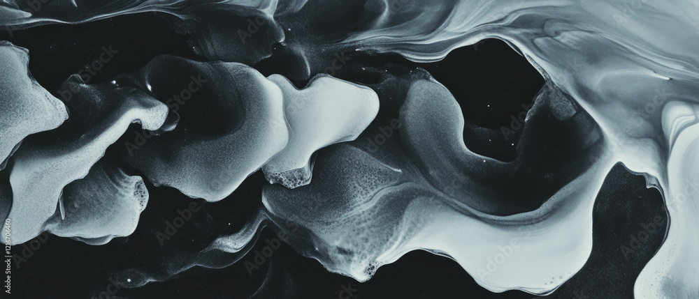 Poster black ink blooms create intricate textures on a stark white background