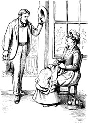 Well dressed man, tipping his hat to an older lady, seated in a wooden chair. Greeting